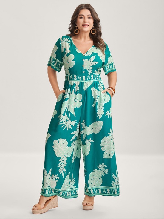 BloomChic Pants - Bloomchic Teal Floral V-Neck Wide-Leg Jumpsuit with Pockets. NWT